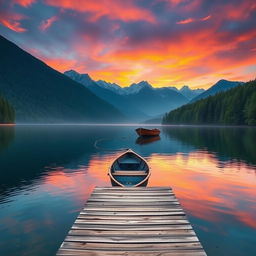 A serene landscape featuring a tranquil lake surrounded by lush green trees and majestic mountains in the background