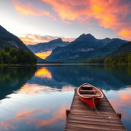 A serene landscape featuring a tranquil lake surrounded by lush green trees and majestic mountains in the background