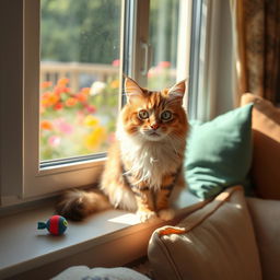A playful, fluffy domestic cat sitting on a sunny windowsill, basking in warm sunlight, with colorful flowers visible outside