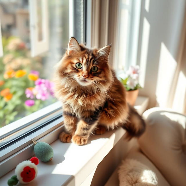 A playful, fluffy domestic cat sitting on a sunny windowsill, basking in warm sunlight, with colorful flowers visible outside