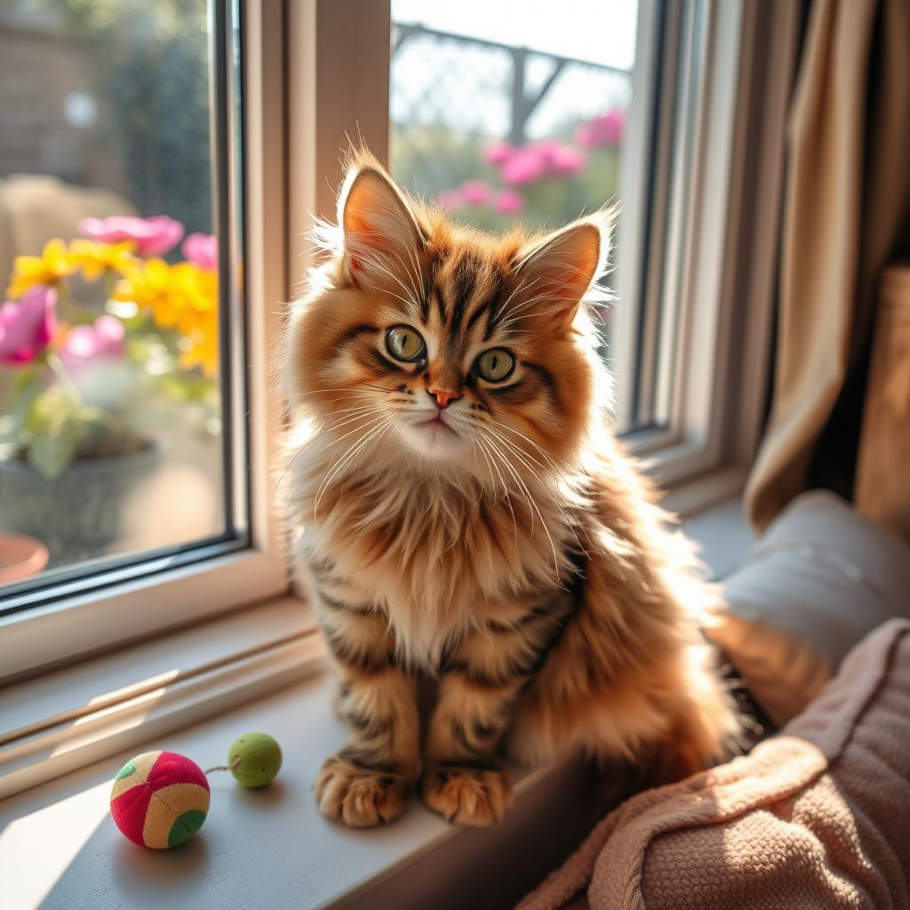 A playful, fluffy domestic cat sitting on a sunny windowsill, basking in warm sunlight, with colorful flowers visible outside