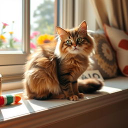 A playful, fluffy domestic cat sitting on a sunny windowsill, basking in warm sunlight, with colorful flowers visible outside