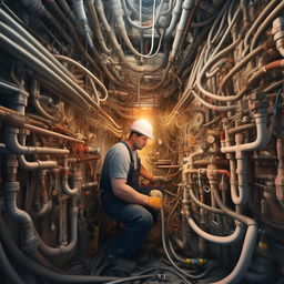 A photorealistic, high-definition image of a skilled plumber in the midst of repairing a complex network of pipes, his tools spread around him.