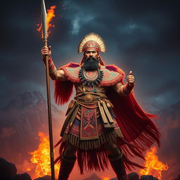 An imposing representation of Rumiñahui as an unyielding warrior and strategist, symbolizing the flame of resistance from the Andes