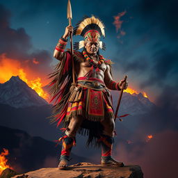 An imposing representation of Rumiñahui as an unyielding warrior and strategist, symbolizing the flame of resistance from the Andes