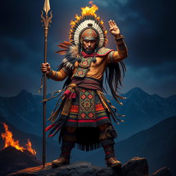 An imposing representation of Rumiñahui as an unyielding warrior and strategist, symbolizing the flame of resistance from the Andes