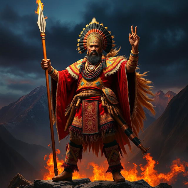 An imposing representation of Rumiñahui as an unyielding warrior and strategist, symbolizing the flame of resistance from the Andes