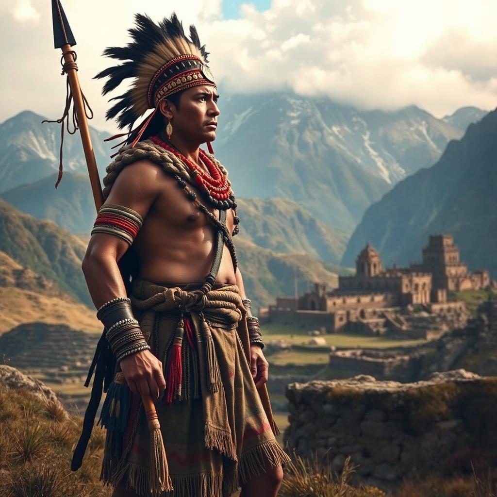 A powerful scene depicting Rumiñahui, the unyielding warrior and strategist, in the aftermath of Atahualpa's assassination by Spanish conquerors