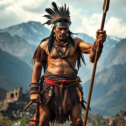A powerful scene depicting Rumiñahui, the unyielding warrior and strategist, in the aftermath of Atahualpa's assassination by Spanish conquerors