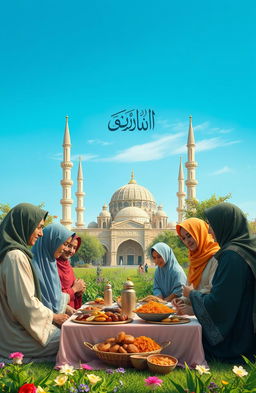 A serene and harmonious depiction of an Islamic way of life, showcasing a diverse group of individuals dressed in traditional Islamic attire, engaging in various peaceful activities
