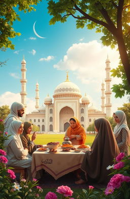 A serene and harmonious depiction of an Islamic way of life, showcasing a diverse group of individuals dressed in traditional Islamic attire, engaging in various peaceful activities