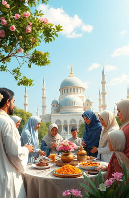 A serene and harmonious depiction of an Islamic way of life, showcasing a diverse group of individuals dressed in traditional Islamic attire, engaging in various peaceful activities