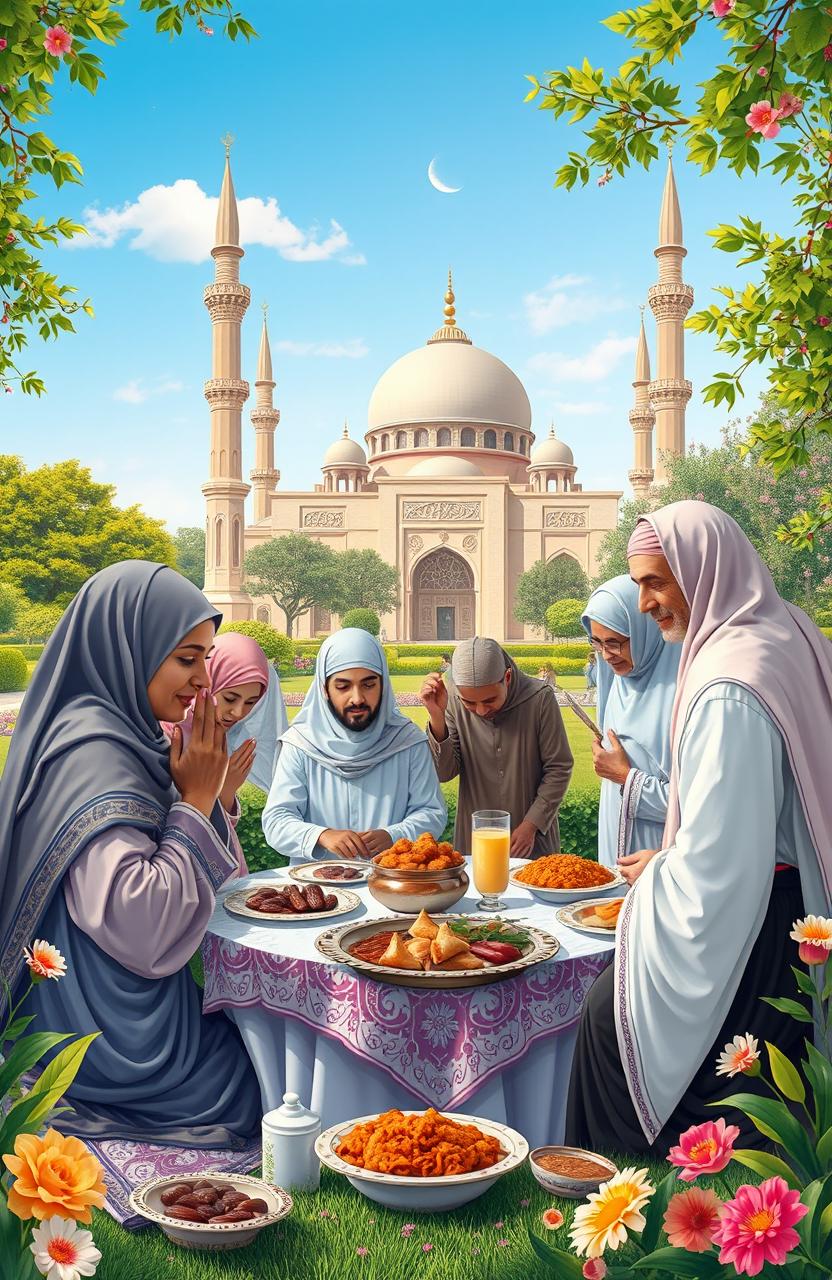 A serene and harmonious depiction of an Islamic way of life, showcasing a diverse group of individuals dressed in traditional Islamic attire, engaging in various peaceful activities
