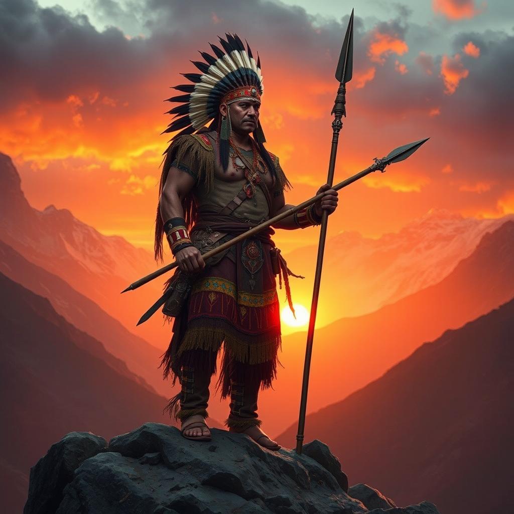 A dramatic scene capturing Rumiñahui, the relentless warrior and strategist, in the wake of Atahualpa's assassination by Spanish conquerors