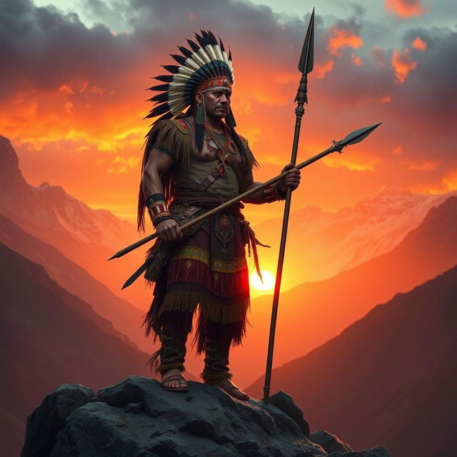 A dramatic scene capturing Rumiñahui, the relentless warrior and strategist, in the wake of Atahualpa's assassination by Spanish conquerors