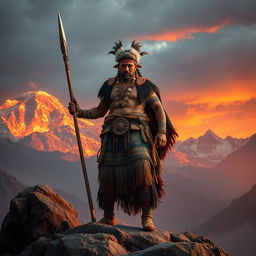 A dramatic scene capturing Rumiñahui, the relentless warrior and strategist, in the wake of Atahualpa's assassination by Spanish conquerors