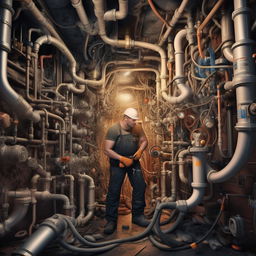 A photorealistic, high-definition image of a skilled plumber in the midst of repairing a complex network of pipes, his tools spread around him.