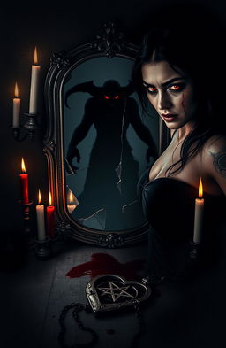 A haunting horror book cover featuring a demonic possession and dark romance theme in a vertical portrait format