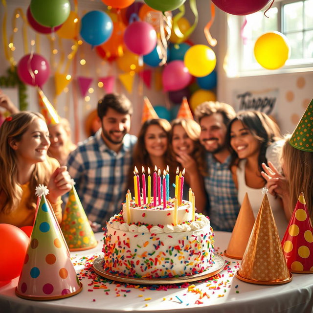A vibrant birthday celebration scene featuring a beautifully decorated table with a colorful birthday cake adorned with candles, surrounded by party hats and balloons in a festive atmosphere
