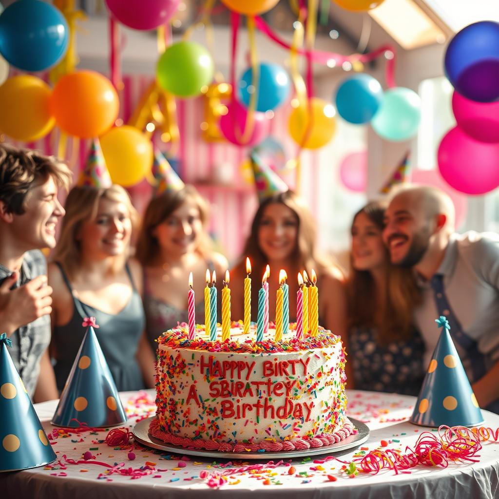A vibrant birthday celebration scene featuring a beautifully decorated table with a colorful birthday cake adorned with candles, surrounded by party hats and balloons in a festive atmosphere