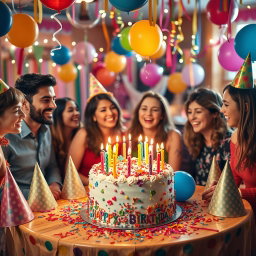 A vibrant birthday celebration scene featuring a beautifully decorated table with a colorful birthday cake adorned with candles, surrounded by party hats and balloons in a festive atmosphere