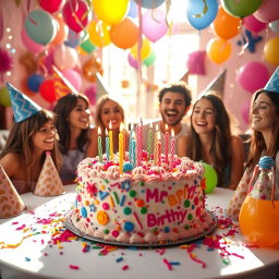 A vibrant birthday celebration scene featuring a beautifully decorated table with a colorful birthday cake adorned with candles, surrounded by party hats and balloons in a festive atmosphere