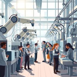 A thought-provoking and visually engaging illustration that depicts the theme "Machines without workers are useless