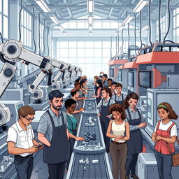 A thought-provoking and visually engaging illustration that depicts the theme "Machines without workers are useless