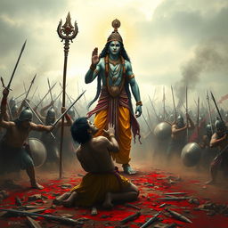 A dramatic scene depicting Lord Krishna standing tall in the midst of a fierce battlefield, holding a radiant Chakra in his hand