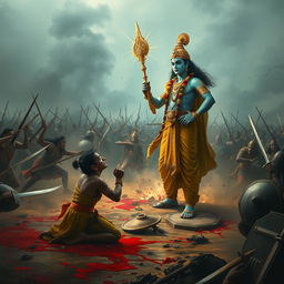 A dramatic scene depicting Lord Krishna standing tall in the midst of a fierce battlefield, holding a radiant Chakra in his hand