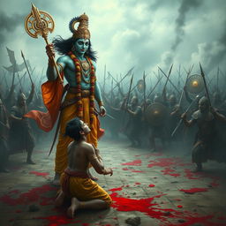 A dramatic scene depicting Lord Krishna standing tall in the midst of a fierce battlefield, holding a radiant Chakra in his hand