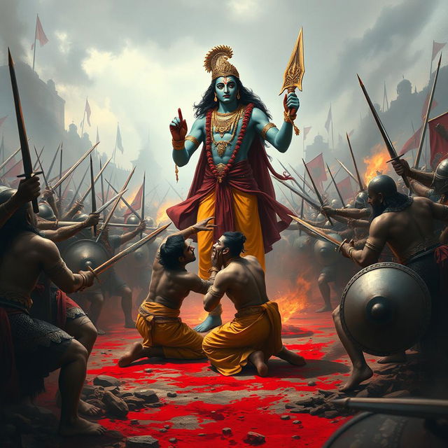 A dramatic scene depicting Lord Krishna standing tall in the midst of a fierce battlefield, holding a radiant Chakra in his hand