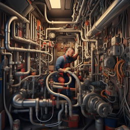 A photorealistic, high-definition image of a skilled plumber in the midst of repairing a complex network of pipes, his tools spread around him.