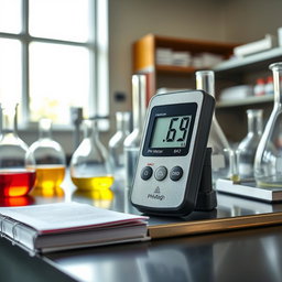 A close-up view of a laboratory setting, featuring a digital pH meter displaying a reading of 6