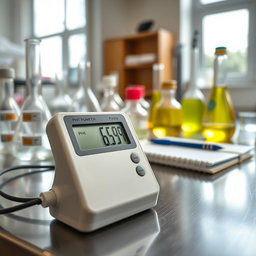A close-up view of a laboratory setting, featuring a digital pH meter displaying a reading of 6