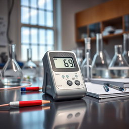 A close-up view of a laboratory setting, featuring a digital pH meter displaying a reading of 6