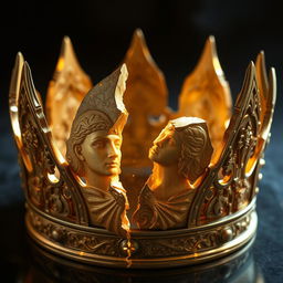 The final fragment of the Crown of Dominion, a jagged piece of divine craftsmanship about the size of a forearm, is showcased as the central piece of a broken crown