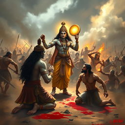 Lord Krishna standing in a battlefield holding a glowing discus (chakra), radiating divinity and determination