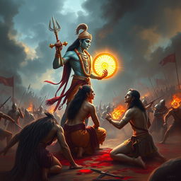 Lord Krishna standing in a battlefield holding a glowing discus (chakra), radiating divinity and determination