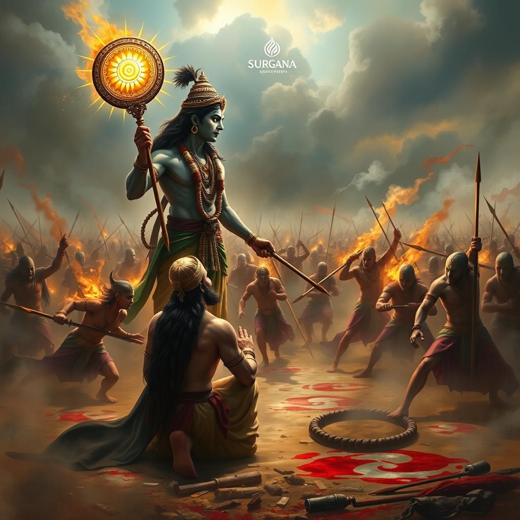 Lord Krishna standing in a battlefield holding a glowing discus (chakra), radiating divinity and determination