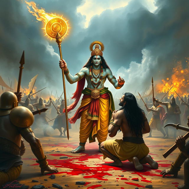 Lord Krishna standing in a battlefield holding a glowing discus (chakra), radiating divinity and determination