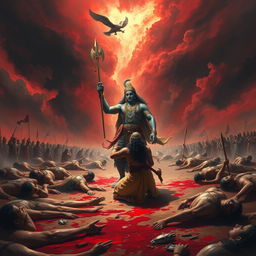A dramatic and intense scene depicting Lord Krishna entering a battlefield, holding his chakra in one hand