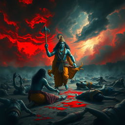 A dramatic and intense scene depicting Lord Krishna entering a battlefield, holding his chakra in one hand