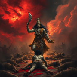 A dramatic and intense scene depicting Lord Krishna entering a battlefield, holding his chakra in one hand