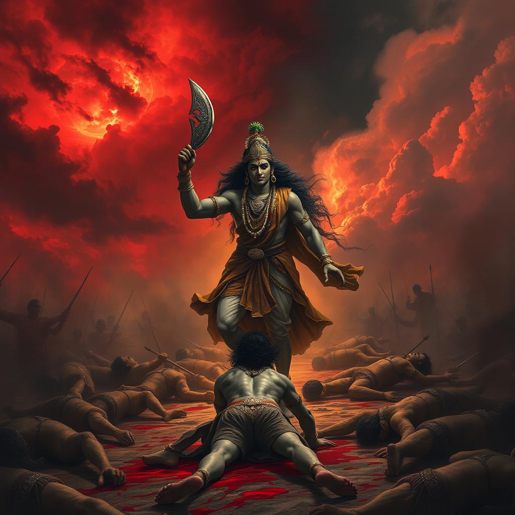 A dramatic and intense scene depicting Lord Krishna entering a battlefield, holding his chakra in one hand