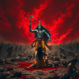 A dramatic and intense scene depicting Lord Krishna entering a battlefield, holding his chakra in one hand