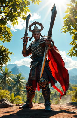 A majestic warrior wielding a kujang, an intricately designed traditional dagger from Indonesia, standing in a dynamic pose