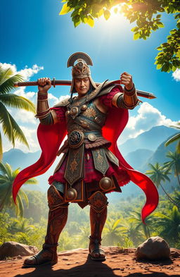 A majestic warrior wielding a kujang, an intricately designed traditional dagger from Indonesia, standing in a dynamic pose