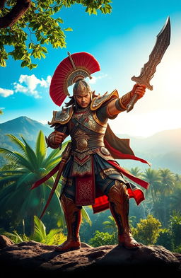 A majestic warrior wielding a kujang, an intricately designed traditional dagger from Indonesia, standing in a dynamic pose