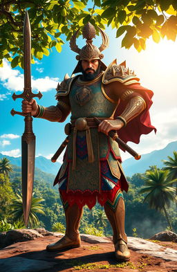 A majestic warrior wielding a kujang, an intricately designed traditional dagger from Indonesia, standing in a dynamic pose